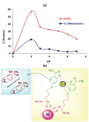 Fig. 4 (a) The e ﬀect of pH on the sorption of Cr( VI ) in aqueous solution and wastewater