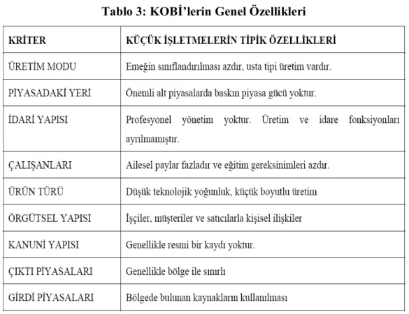 Tablo 3: KOBİ’lerin Genel Özellikleri 