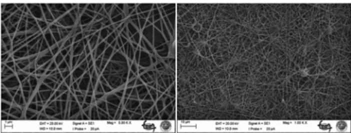 Fig. 7. SEM images of  the blend nanofiber mat; 1:3 weight  ratios of  PVB to PMMA.