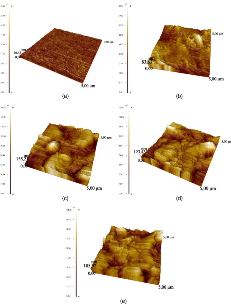 Fig. 2. AFM images of (a) pure and (b) allyl modiﬁed, (c) MIP coated, (d) MIP coated (after template removing), and (e) NIP coated QCM electrode