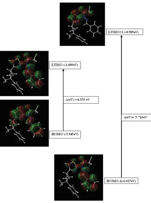 FIGURE 6 . Molecular orbital surfaces and energy levels given in parentheses for the HOMO  1, HOMO, LUMO, and LUMO þ 1 of the title compound computed at B3LYP/6-31G(d) level