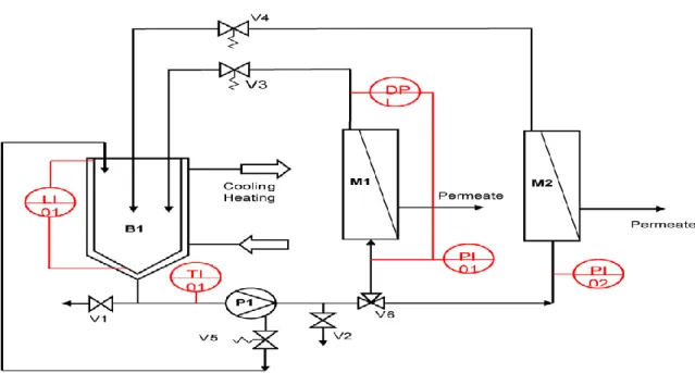 Figure 1. Flow diagram of the reverse osmosis plot plant (M1 and M2:  Membrane housing, B1: Feed tank with heating/cooling jacket, V1 and  V2: Emptying valve, V3 and V4: Pressure regulation valve, V5: Spring 