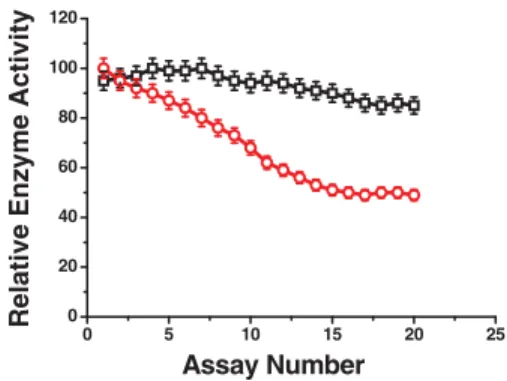 Fig. 7. Operational stabilities of CP-co-PPy/ChOx (  ) and PEO- PEO-co-PPy/ChOx ( ◦) electrodes