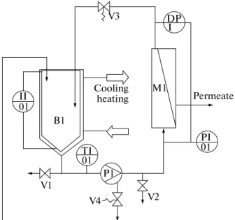 Fig. 1. Flow diagram of the reverse osmosis plot plant, M1: membrane Housing, B1: feed tank with heating/cooling jacket, V1 and V2: emptying valve, V3: pressure regulation valve, V4: spring loaded valve, PI01: pressure gauge, DP1: differential pressure ind