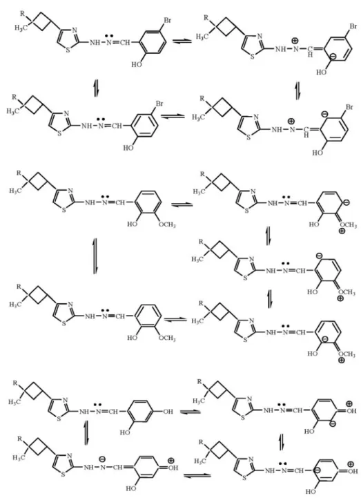 Fig. 2. Resonance and inductive effects of the substituents on the –CH=N–NH– group of hydrazone derivatives.