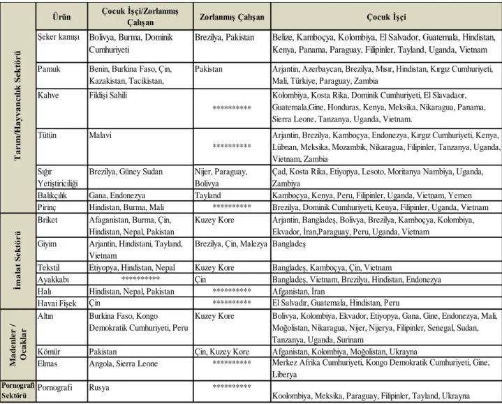 Tablo 3: Terhanelerin En Çok Üretilen Mal/Hizmetlerin Sektör, Ülke ve İşgücüne Göre Dağılımı 