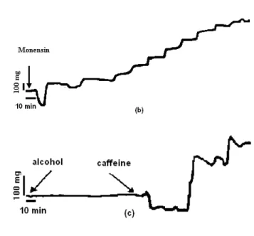 Figure  2.  Effects  of  3  μmol/l  digoxin  (a),  10  μmol/l  monensin (b) and 0.10 % alcohol (c) on the contraction  force  of  guinea-pig  papillary  muscle  in  Ca2+  free  medium