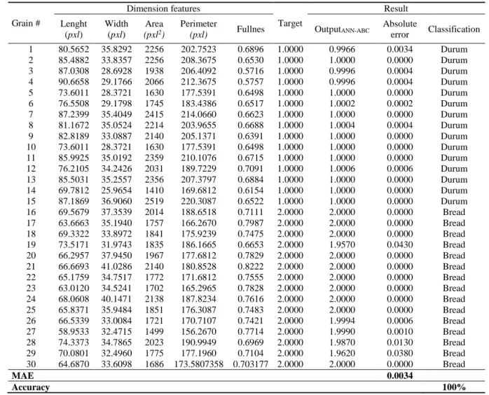 Table 2. The testing results of classifying the wheat grains with the ANN-ABC model 