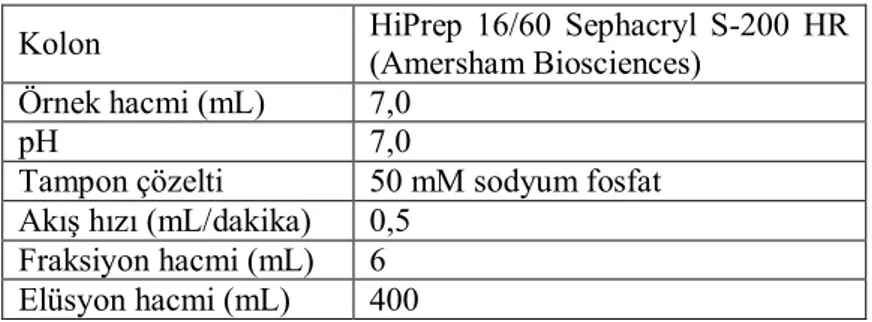 Çizelge 4.1. Jel filtrasyon kromatografi deney koşulları 