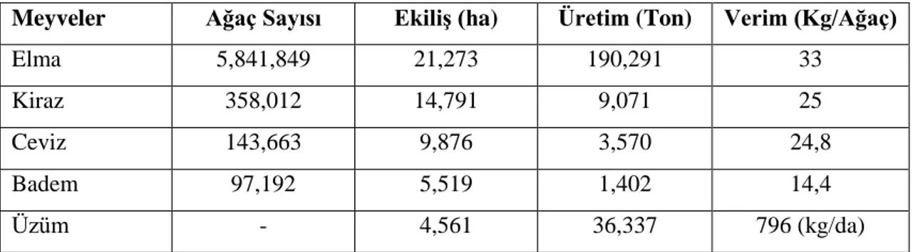 Çizelge 2.5. Karaman ilinin önemli meyve ürünlerinin ağaç sayısı ve üretim durumu (Anonim,  2013b) 
