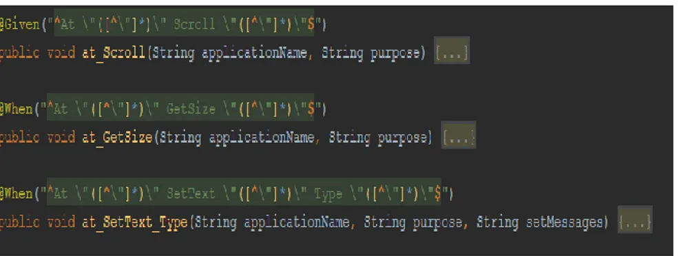Şekil 8. Cucumber yazılım aracı ile oluşturulan senaryo adımlarının yazılım kodu örneği 