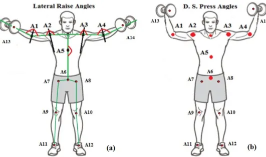 Figure 3. Designed movement models: (a) lateral raise (LR) model; (b) dumbbell shoulder press  (DSP) model