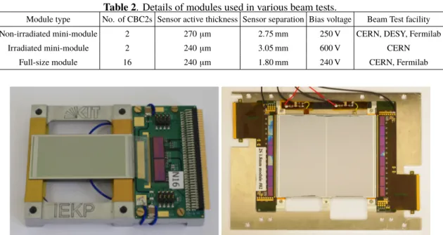 Table 2. Details of modules used in various beam tests.