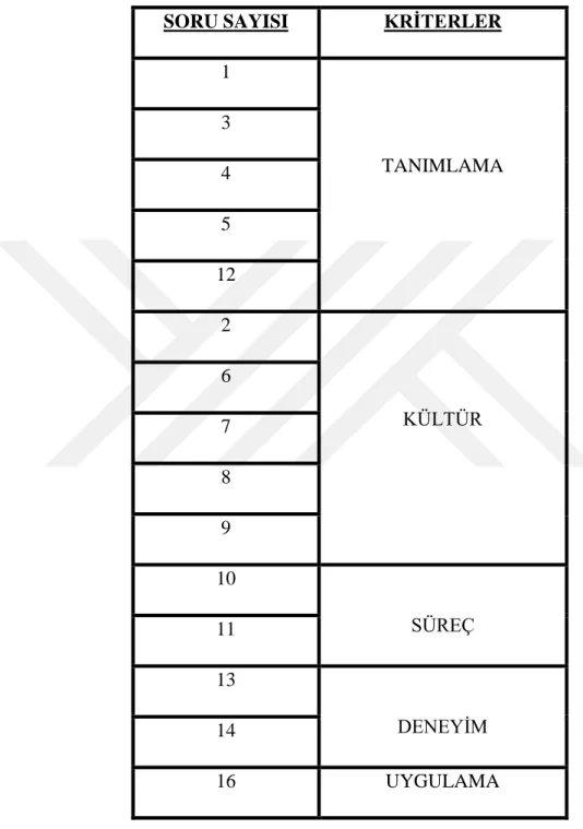 Tablo 2. Anket Sorularının Hillson Kriterlerine Göre Gruplandırılması 