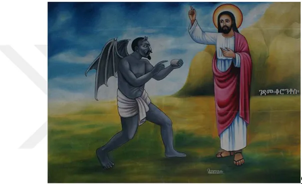 Figure 4.10.  Use of non human colors in depicting Satan. The Temptation of Christ, by  Mengistu Cherinet, at Enda Mariam Church .