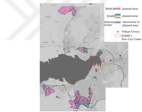 Figure 10 İzmir’s urban regeneration map of 2016 (Google Maps image edited by the author)  