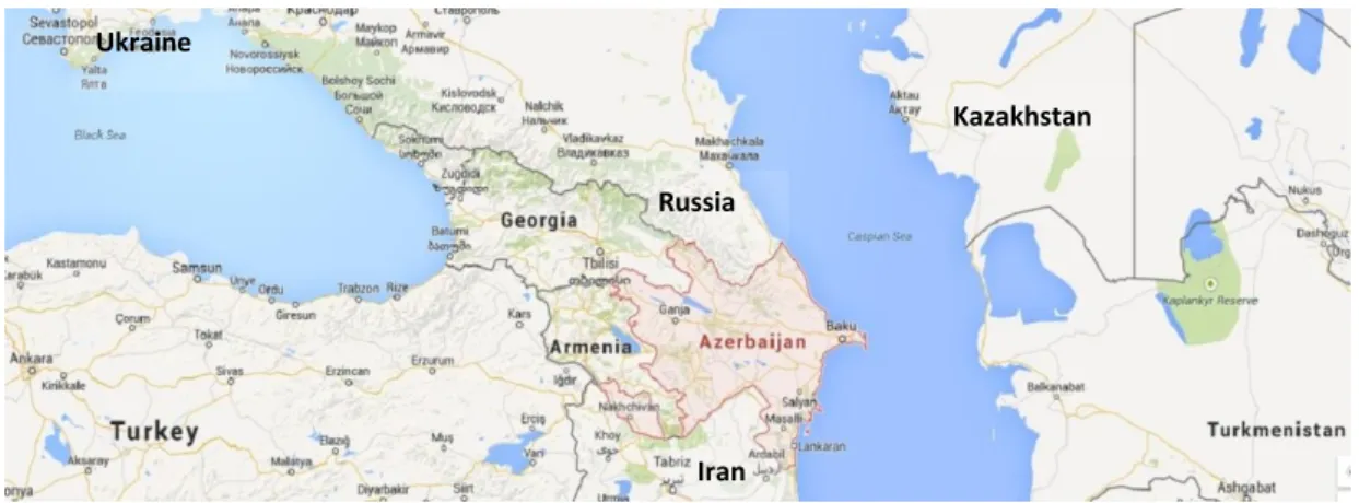 Figure 3.1 Azerbaijan’s location in the region (google maps service) 