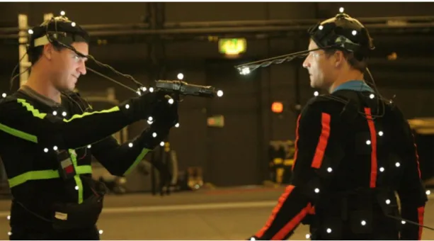 Figure 4. Actors with markers in a motion capture scene (Nieler, 2015)   In  today’s  gaming  industry,  most  of  3D  game  development  studios  use  this  technology  in  their  games,  i.e.,  GTA  V  by  Rockstar  Games  (2013),  Heavy  Rain  by  Quant