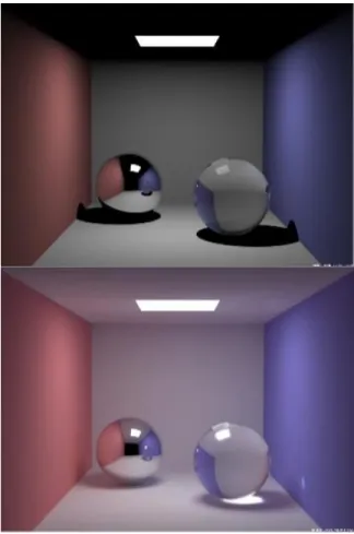 Figure 2.5 The final image with ray tracing technique that uses direct illumination (upper), the  radiosity effect is shown that also uses secondary illumination sources that reflects from the 