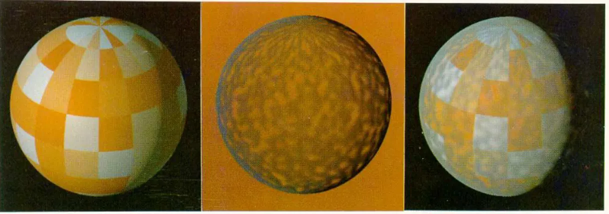 Figure 3.1 Blinn’s simulation of the cloud layer over a hypothetical planet. Left image is the  unclouded, randomly color squared planet