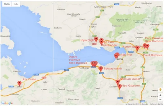 Şekil 2: İzmir İli AYD Kayıtlı Alışveriş Merkezleri Lokasyonları 