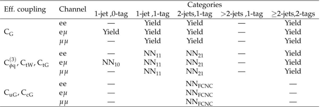 Table 3: Summary of the observables used to probe the effective couplings in various (n-jets,m- (n-jets,m-tags) categories in the ee, eµ, and µµ channels.