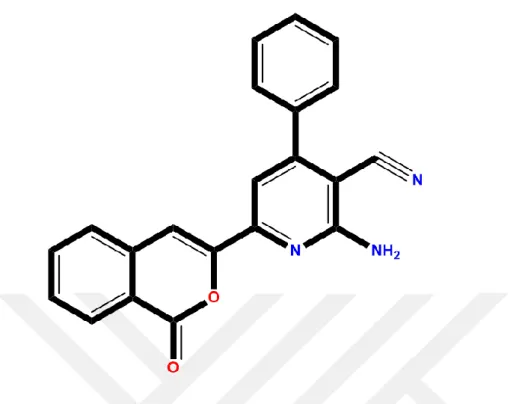 Şekil 3.2. Fe 3+  ve Hg 2+   iyonları  sensörü ve kumarin APICP bileşiğinin  (2-amino-4- (2-amino-4-fenil-6- (izookumarin-3-il)-3 siyanopiridine) açık yapısı