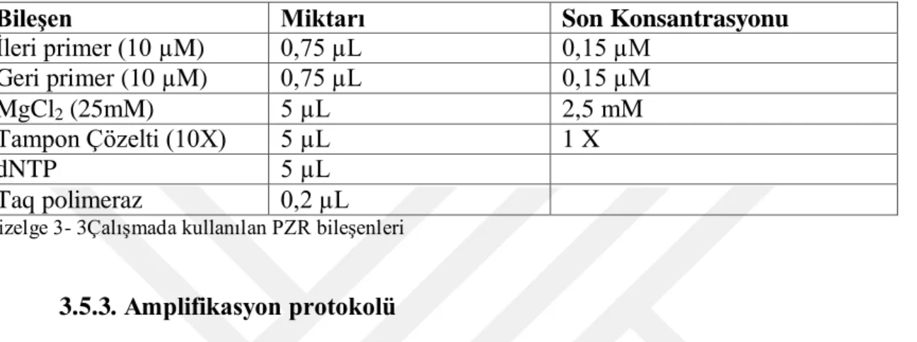 Çizelge 3- 3Çalışmada kullanılan PZR bileşenleri 