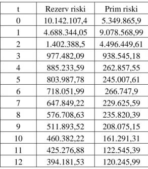 Çizelge 4. Primlerin doğrusal olarak artması varsayımı altında kısa dönem için rezerv ve prim riski  t  Rezerv riski  Prim riski 