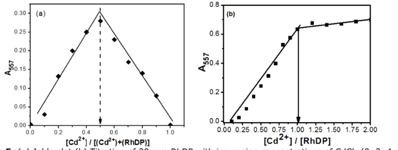 Figure 5: (a) Job's plot (b) Titration of 20 mm RhDP with increasing concentrations of CdCl     2  (0, 2, 4, 6, 8, 10, 12, 14, 16, 18, 20, 25, 30, 35, 40 µM respectively) in ACN/HEPES buffer (10 mM, pH: 7.05
