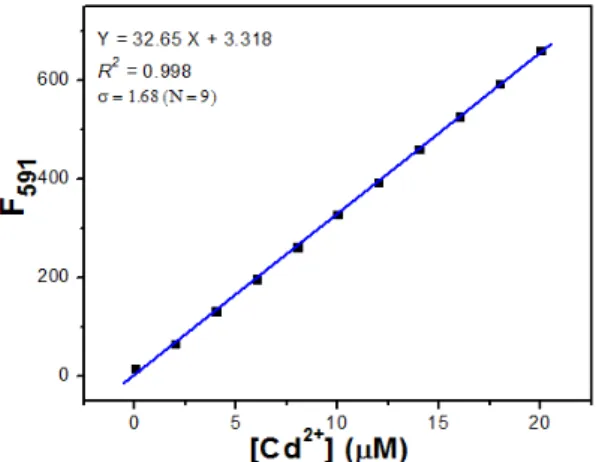 Figure 7: Linear relationship between fluorescent intensity and Cd 2+  concentration (0–20 μM RhDP with gradual addition of CdClM) Limit of detection (LOD) of RhDP towards Cd +  by fluorescent method.