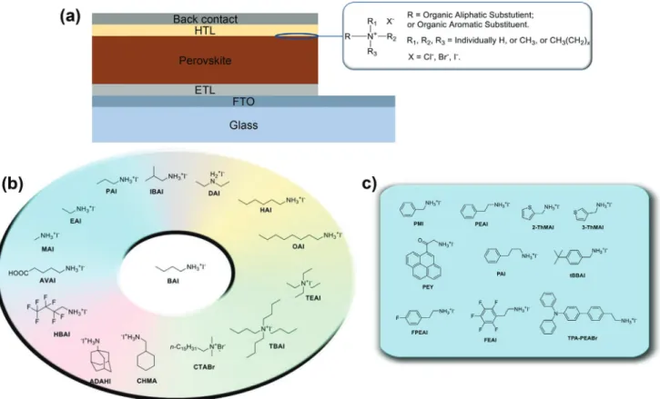 Figure 1. a) The typical device structure of PSCs in n–i–p architecture showing general formula for an organic ammonium-based passivation agent