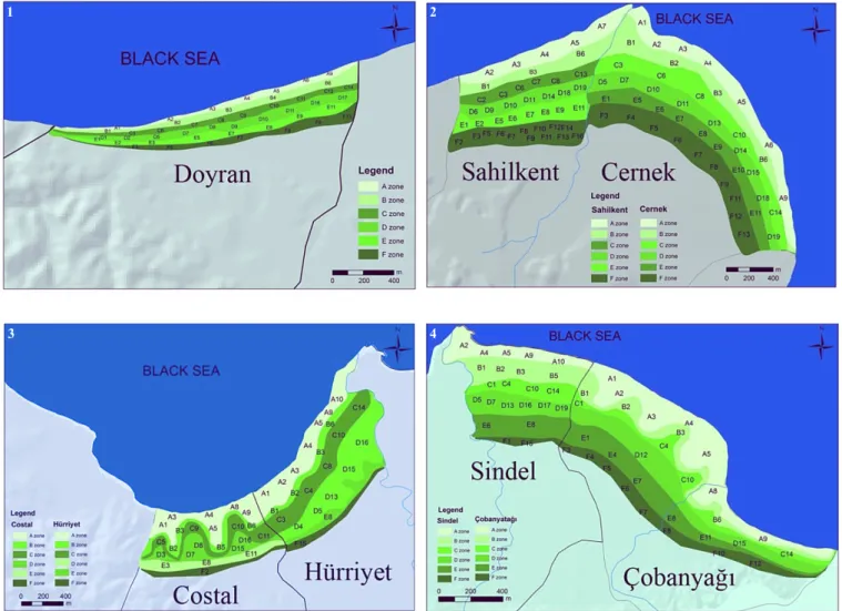Figure 3. The distribution of characteristic dune zones in the studied localities from the west (1) to the east (4)