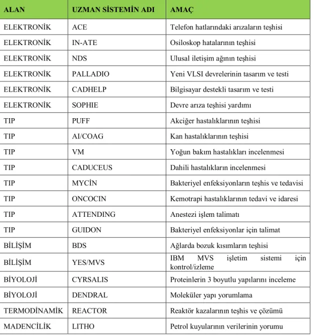 Tablo 2.2 Uzman sistemler ve uygulama alanları 