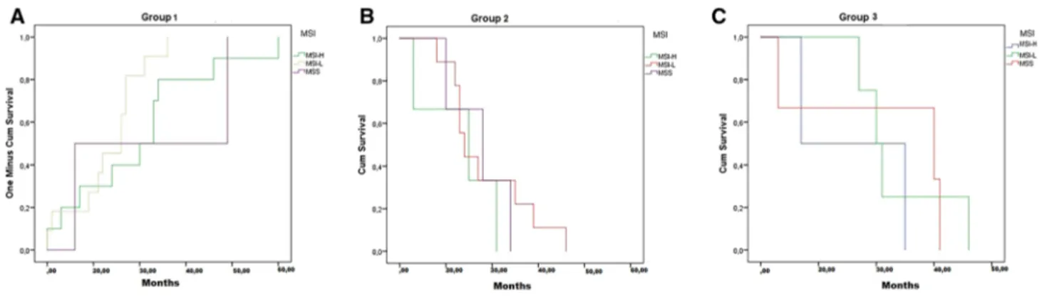 Fig. 2    Kaplan–Meier survival analyses by tumor regression grade and MSI statuses. a OS of group 1 patients; b OS of group II patients; c OS of  group III patients
