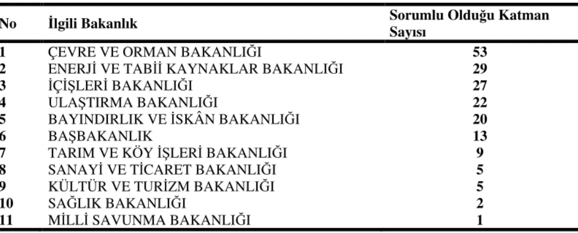 Çizelge 5.3.Bakanlıkların sorumlu olduğu katman sayıları 