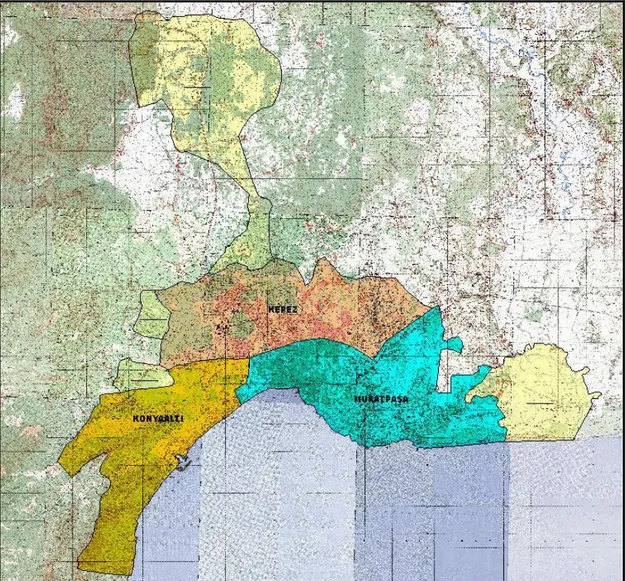 ġekil  2.  1993 Tarihli  504  Sayılı  Kanun  Hükmünde  Kararname  ile  Kurulan  Antalya  BüyükĢehir  Belediye  Sınırları  ve  Alt  Kademe  Belediyeleri  (Konyaaltı  Belediyesi;  2008) 