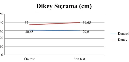 ġekil 3.8. Deney ve kontrol grubunun dikey sıçrama özelliğinin değiĢimi. 