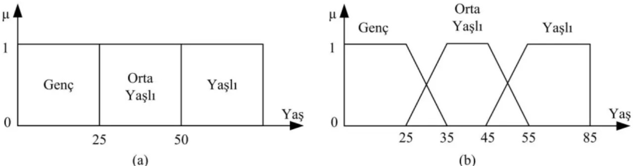 Şekil 4.4. Yaş değişkenin (a) kesin taneciklendirilmesi, (b) bulanık taneciklendirilmesi 