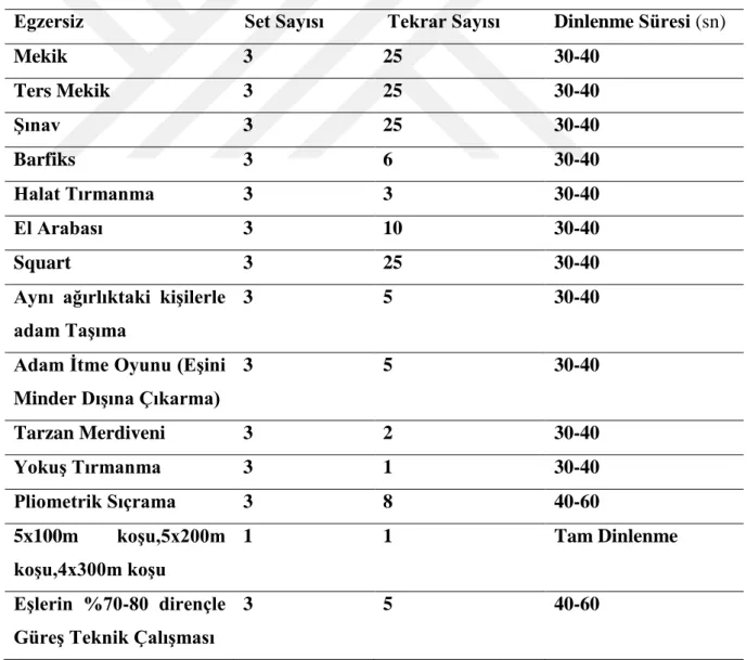 Çizelge 2. 1.  8 Haftalık Kuvvet Antrenman Programı (3 gün/hafta) 