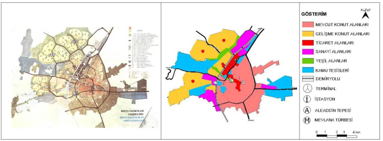 Şekil 4.3.  1965 Konya İmar Planı (Yarışma Projesi) ve Kentsel Arazi Kullanım Şeması  Kaynak: Yenice, 2012