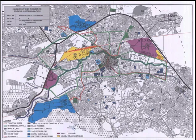 Şekil 2.12. Eskişehir Ulaşım Ana Planı, Bisiklet ve Yaya Alanları Haritası (Anonim 2003/a) 