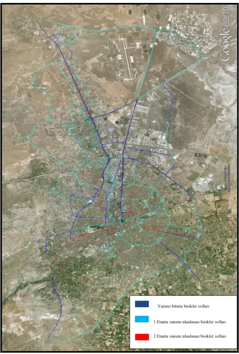 Şekil  4.7.  Konya  kentinde  uygulanan  ve  etaplar  halinde  yapılması  planlanan  bisiklet  yolları(Anonim 2012/b) 