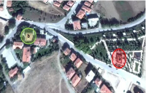 ġekil 3.12. Redif birliği yapısı olduğu düĢünülen binaların ilçe içindeki yerlerine   iliĢkin uydu görüntüsü (Anonim, 2013).