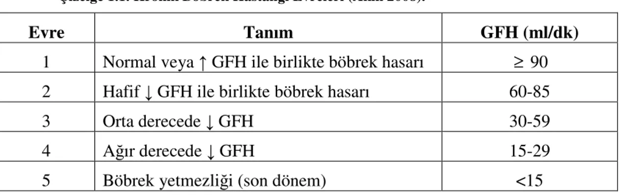 Çizelge 1.1. Kronik Böbrek Hastalığı Evreleri (Akın 2008). 