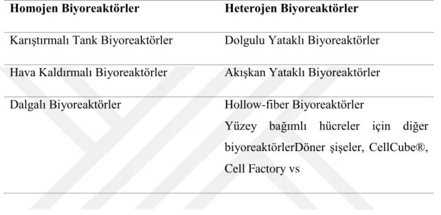 Çizelge 1.1. Sistem homojenizasyonuna göre biyoreaktörlerin sınıflandırılması.  Homojen Biyoreaktörler   Heterojen Biyoreaktörler  