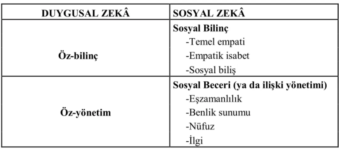 Tablo 1.5. Sosyal Zekâ Yeteneklerinin Duygusal Zekâ Modeline  Uyarlanması 