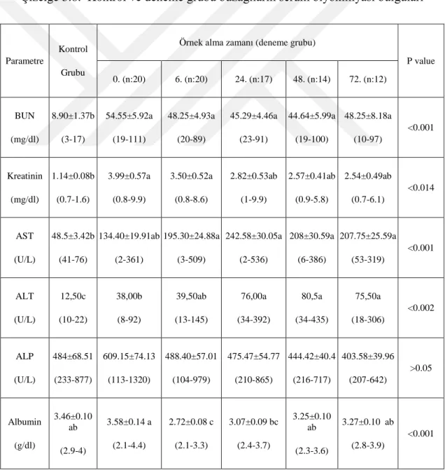 Çizelge 3.8.  Kontrol ve deneme grubu buzağıların serum biyokimyası bulguları 