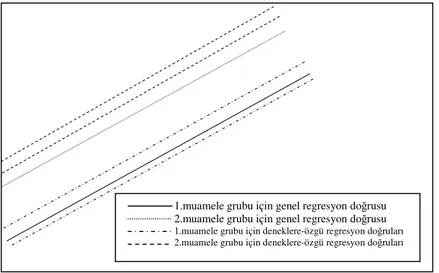 Şekil 5.1. Rasgele kesen terimli model (RIM) yapısında yer alan bağımlı değişkenin  zamana bağlı olarak muamele grupları ve deneklere-özgü değişimi 