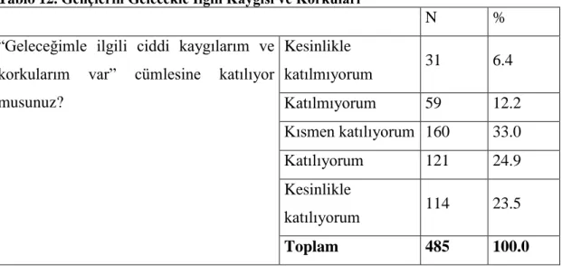 Tablo 12. Gençlerin Gelecekle İlgili Kaygısı ve Korkuları 